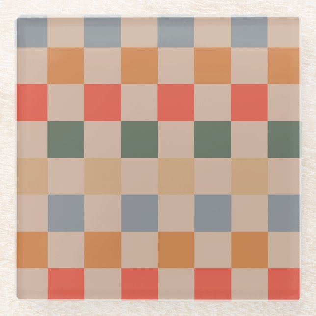 Blue Beige Orange Brown Checkered Gingham Pattern Glasuntersetzer (Vorderseite)