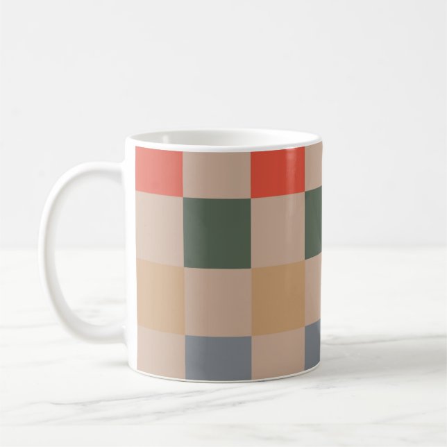 Blue Beige Orange Brown Checkered Gingham Pattern Kaffeetasse (Links)