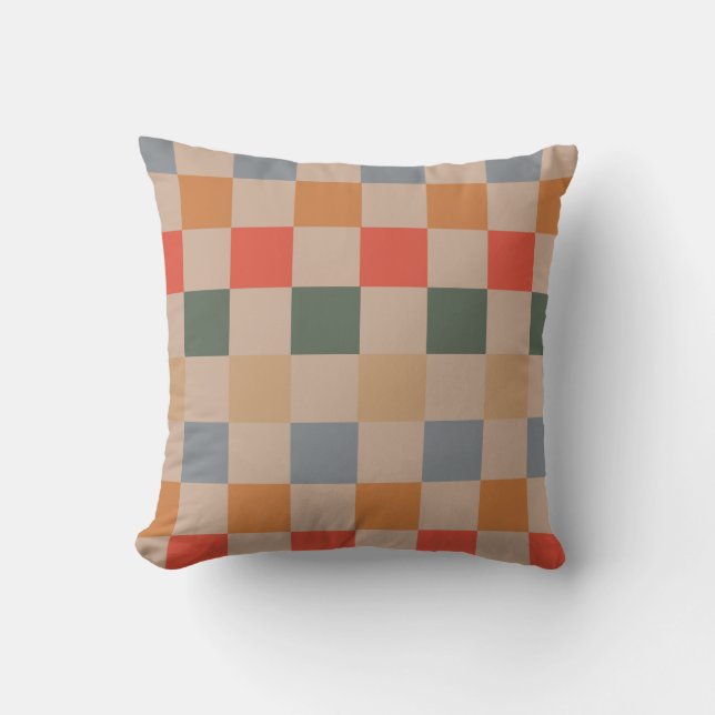 Blue Beige Orange Brown Checkered Gingham Pattern Kissen (Vorderseite)
