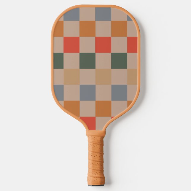 Blue Beige Orange Brown Checkered Gingham Pattern Pickleball Schläger (Vorderseite)