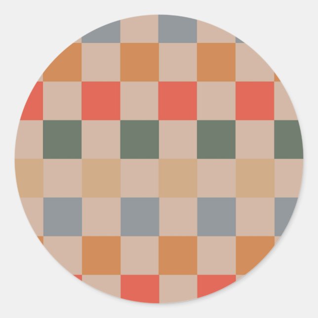 Blue Beige Orange Brown Checkered Gingham Pattern Runder Aufkleber (Vorderseite)