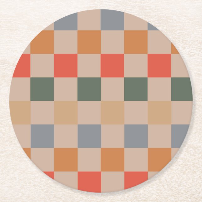 Blue Beige Orange Brown Checkered Gingham Pattern Runder Pappuntersetzer (Vorderseite)