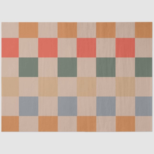 Blue Beige Orange Brown Checkered Gingham Pattern Seidenpapier (Vorderseite)