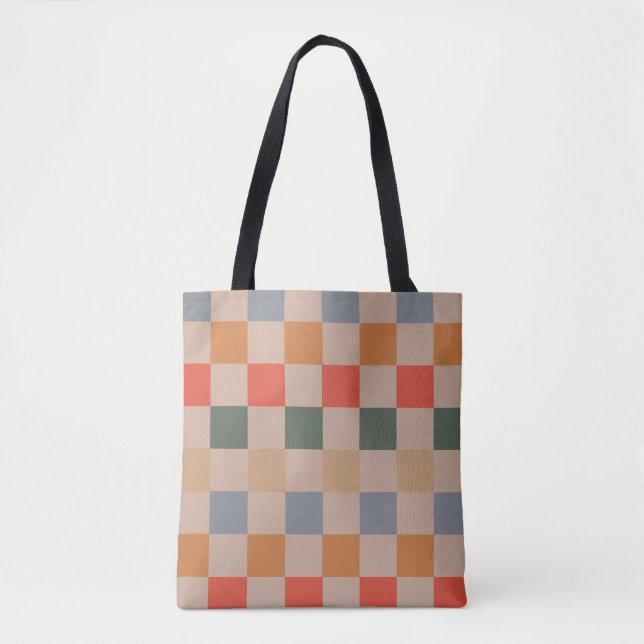Blue Beige Orange Brown Checkered Gingham Pattern Tasche (Vorderseite)