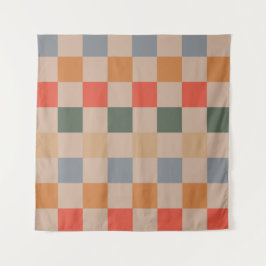 Blue Beige Orange Brown Checkered Gingham Pattern Wandteppich