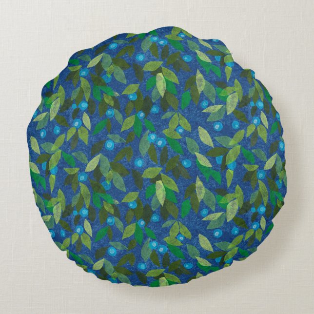Blue Berries Minimal Blumenmuster Einfache Botanik Rundes Kissen (Rückseite)