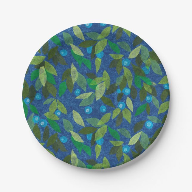 Blue Berries Minimal Floral Muster Papier Collage Pappteller (Vorderseite)