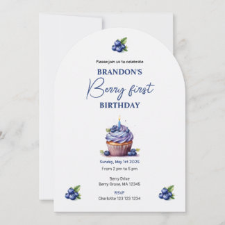 Blue Berry First Birthday Watercolor Custom Foto Einladung