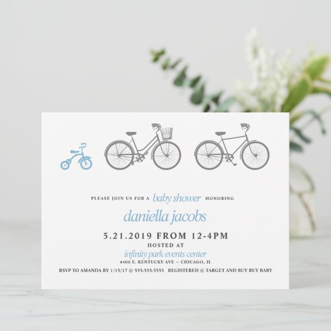 Blue Bicycle Baby Shower Einladung (Stehend Vorderseite)