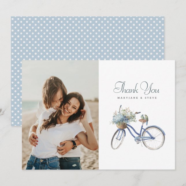Blue Bicycle Bohemisch Watercolor Wedding Foto Dankeskarte (Vorne/Hinten)