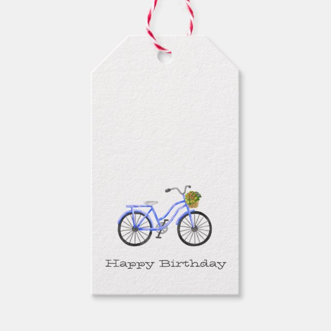 Blue Bicycle Happy Birthday Blume Basket Spaß Geschenkanhänger (Vorderseite)