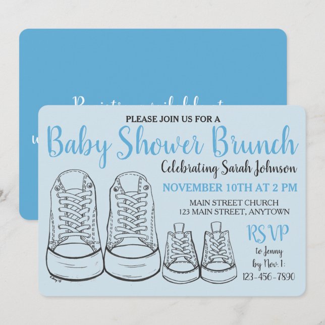 Blue Big Little Shoes Junge neue Baby Dusche Einladung (Vorne/Hinten)
