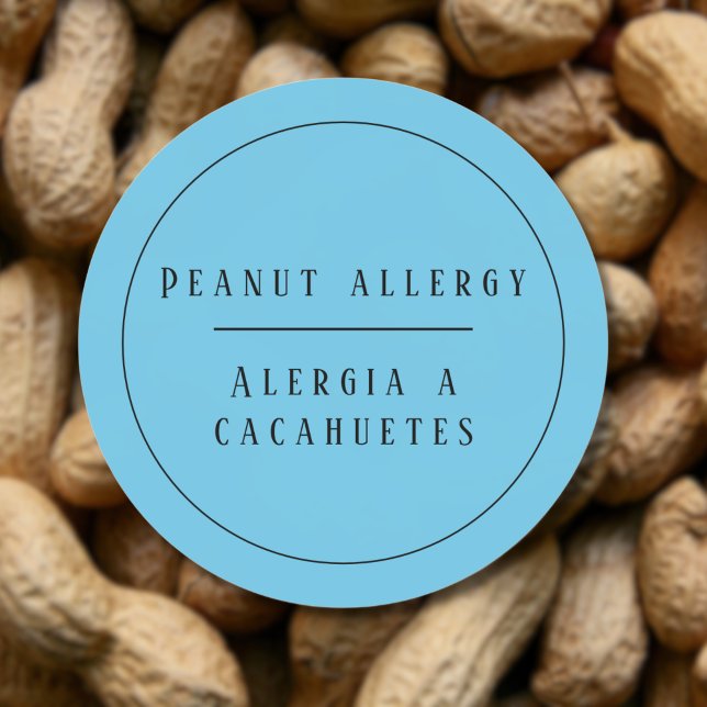 Blue Bilingual Peanut Allergary Alert Spanisch Runder Aufkleber (Blue Bilingual Peanut Allergy Alert, custom text and name. Multilingual Project)