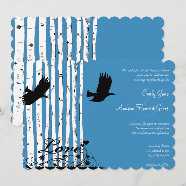 Blue Birch Love Bird Forest Wedding Einladungen (Vorne/Hinten)