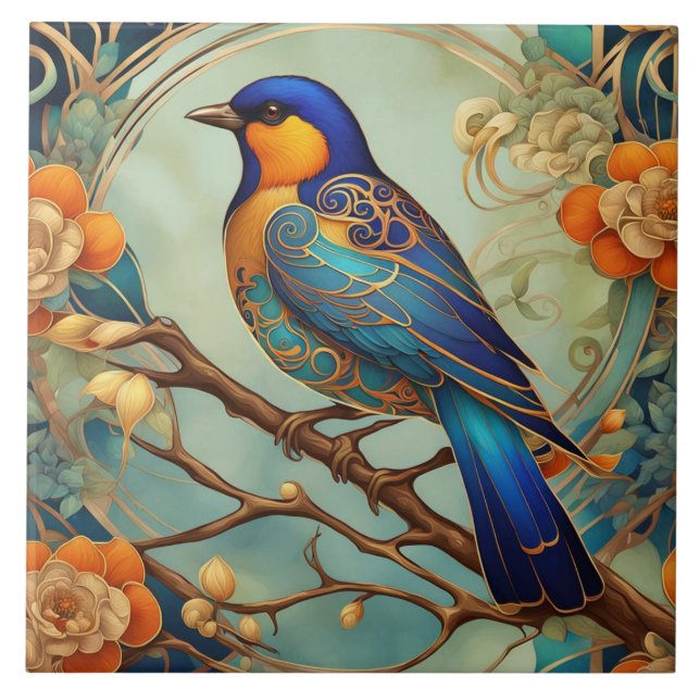 Blue Bird Art Nouveau Art Deco Fliese (Vorderseite)