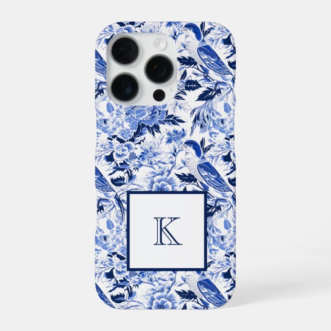 Blue Bird Chinoiserie Monogram  iPhone 16 Pro Hülle (Rückseite)