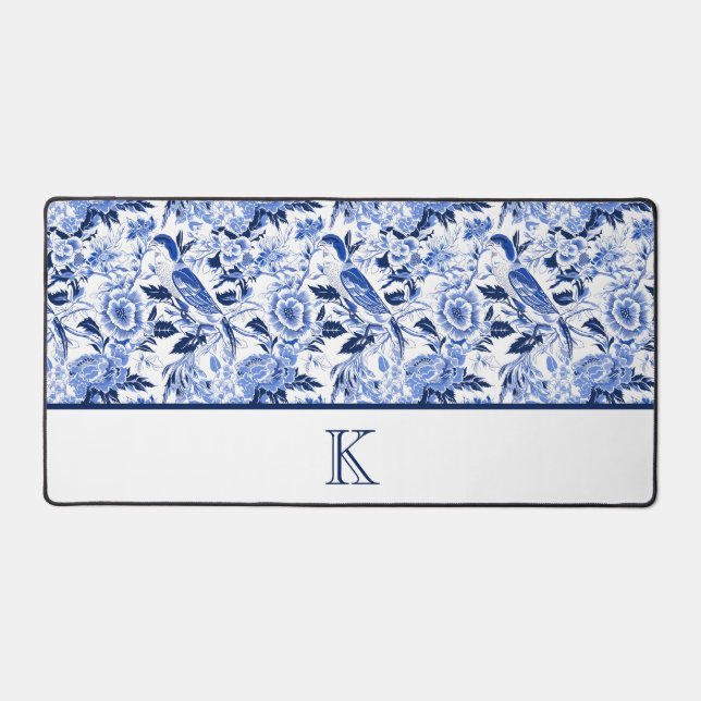 Blue Bird Chinoiserie Monogram  Schreibtischunterlage (Vorderseite)