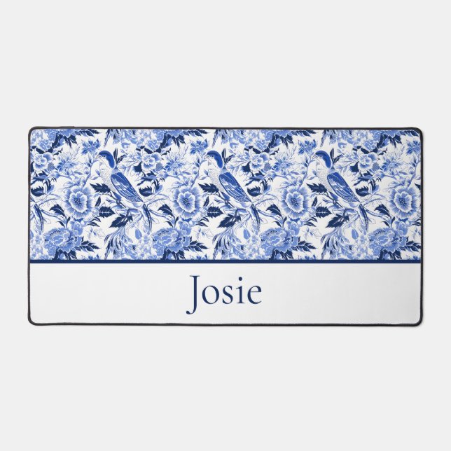 Blue Bird Chinoiserie Monogram  Schreibtischunterlage (Vorderseite)