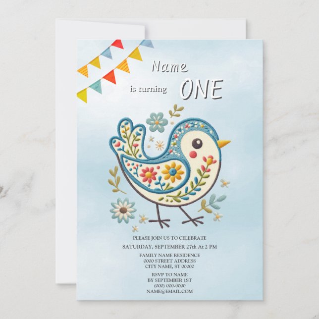 Blue Bird Floral Anniversaire Fête Invitation (Devant)
