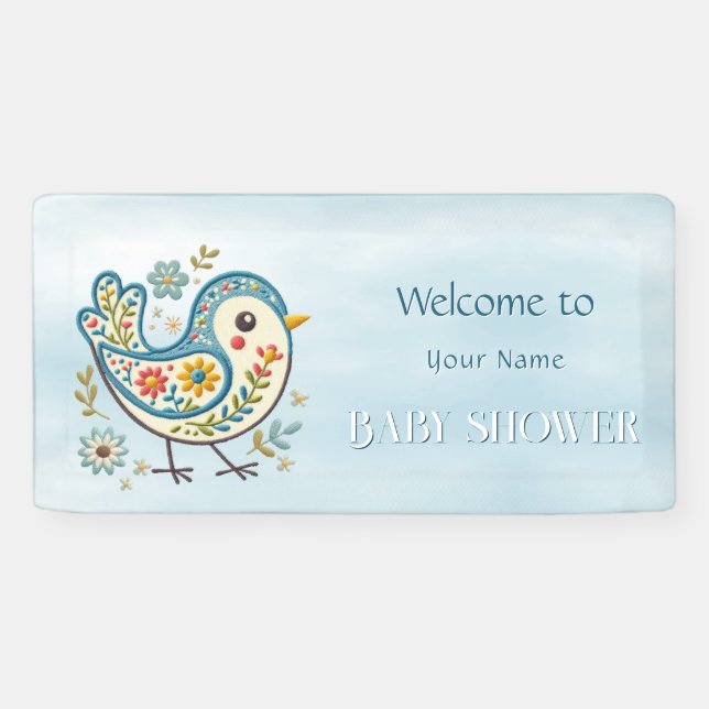 Blue Bird Floral Baby Dusche Banner (Horizontal)
