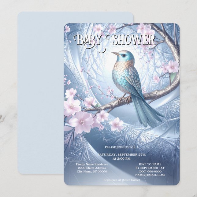 Blue Bird Floral Baby Shower Invitation (Devant / Derrière)