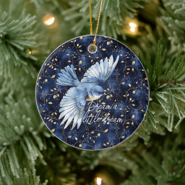 Blue Bird Gold Leaves Dream Keramik Ornament (Baum)