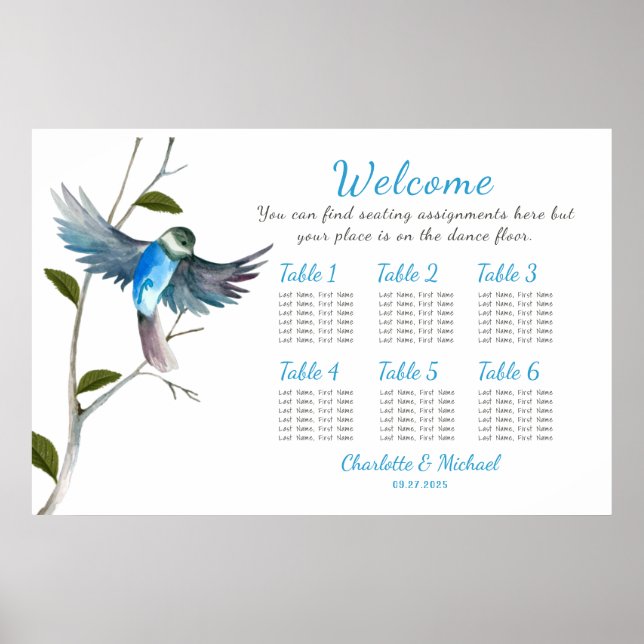 Blue Bird of Happiness Seating Chart 36"x24" Poster (Vorne)