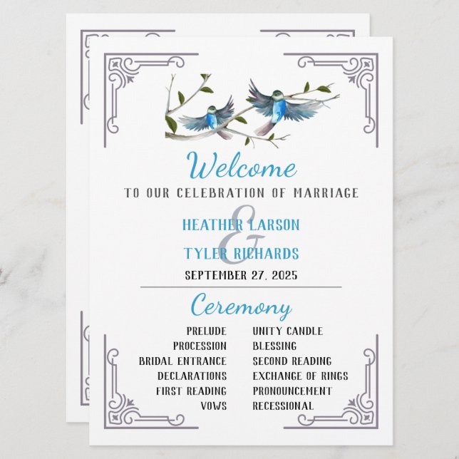 Blue Bird of Happiness Wedding Program Einladung (Vorne/Hinten)