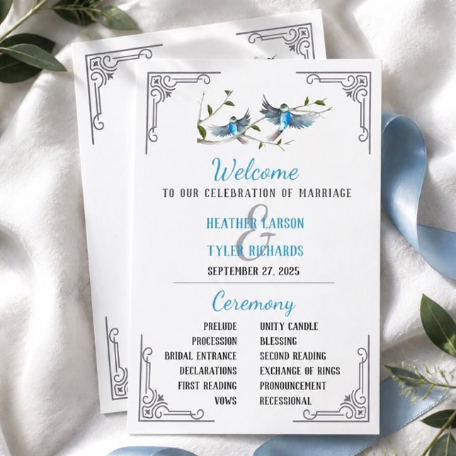 Blue Bird of Happiness Wedding Program Einladung (Von Creator hochgeladen)