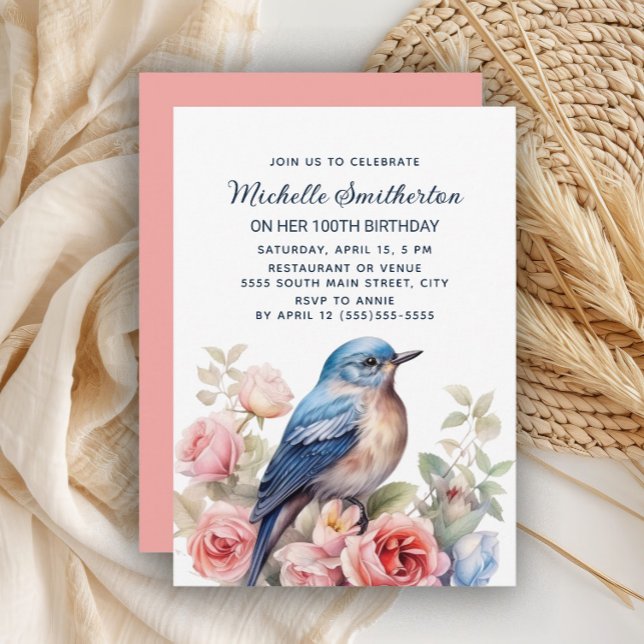 Blue Bird Pink Blume 100. Geburtstag Einladung (Blue bird and pink floral 100th birthday party invitation)