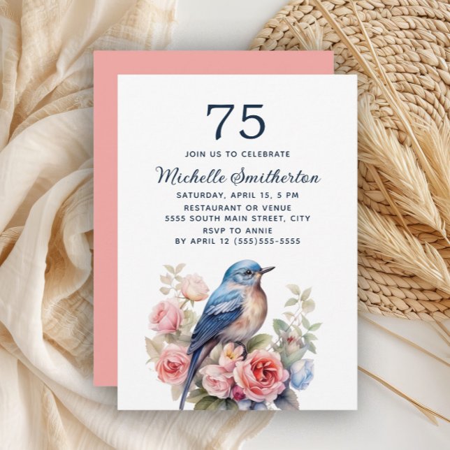 Blue Bird Pink Blume 75. Geburtstag Einladung (Blue bird and pink floral 75th birthday invitation)