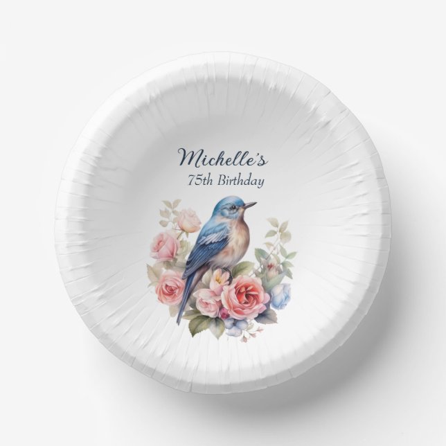 Blue Bird Pink Blume 75. Geburtstag Pappteller (Vorderseite)