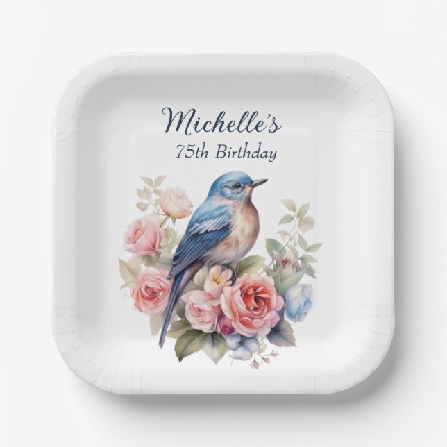 Blue Bird Pink Blume 75. Geburtstag Pappteller (Vorderseite)