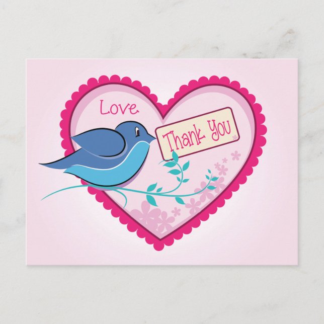 Blue Bird Pink Danke Blumenherz Postkarte (Vorderseite)