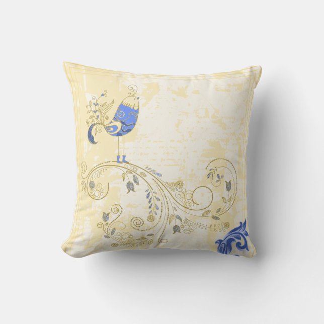 Blue Bird Retro Floral Kunst Kissen (Vorderseite)