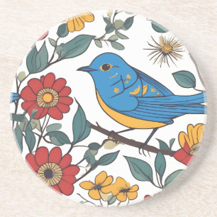 Blue Bird und Wildblume Folk Art Getränkeuntersetzer