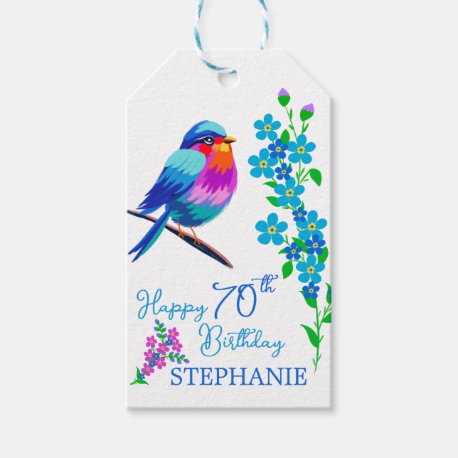 Blue Bird Vergiss mich nicht florale 70. Geburtsta Geschenkanhänger (Vorderseite)