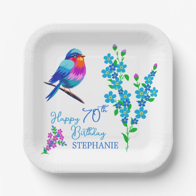 Blue Bird Vergiss mich nicht florale 70. Geburtsta Pappteller (Vorderseite)