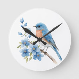Blue bird with blue flowers runde wanduhr