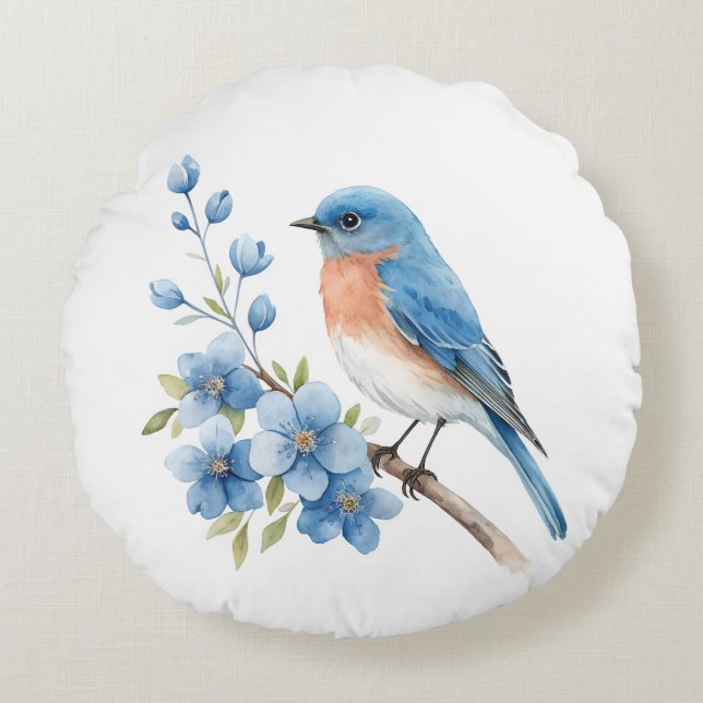 Blue bird with blue flowers rundes kissen (Vorderseite)