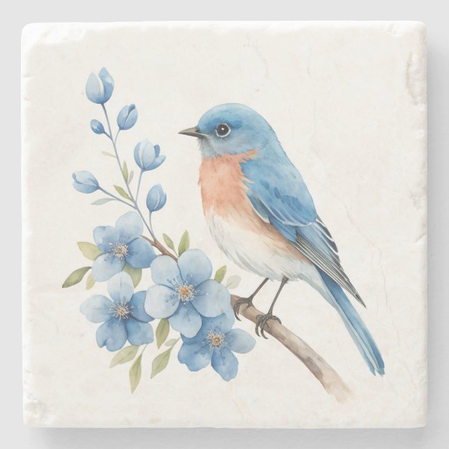 Blue bird with blue flowers steinuntersetzer (Vorderseite)