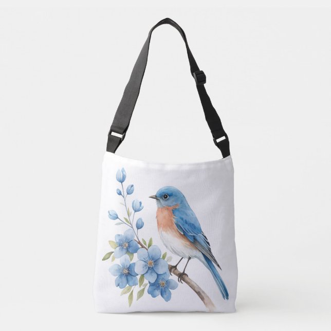 Blue bird with blue flowers tragetaschen mit langen trägern (Vorderseite)