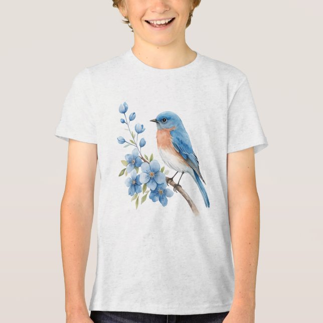 Blue bird with blue flowers Tri-Blend shirt (Vorderseite)