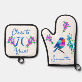 Blue Birdie Vergiss mich Nicht Blume 70. Geburtsta Ofenhandschuh & Topflappen-Set