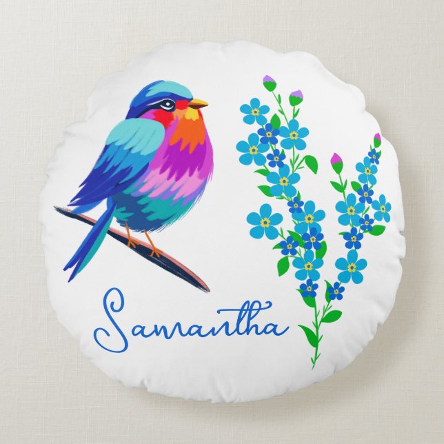 Blue Birdie Vergiss mich Nicht Blume 80. Geburtsta Rundes Kissen (Vorderseite)