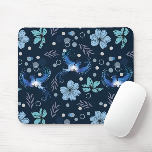 Blue Birds and Floral Harmony Seamless Pattern Mousepad (Mit Mouse)