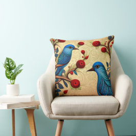 Blue Birds Folk Art Red Blume Wirbel Kissen