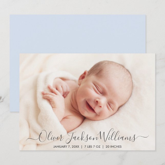 Blue Birth Announcement Foto Card Ankündigung (Vorne/Hinten)