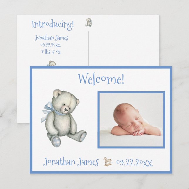 Blue Birth Foto Bear Baby Ankündigung (Vorne/Hinten)