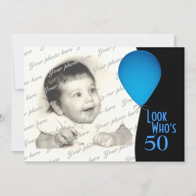 Blue Birthday Ballon mit Foto Einladung (Vorderseite)